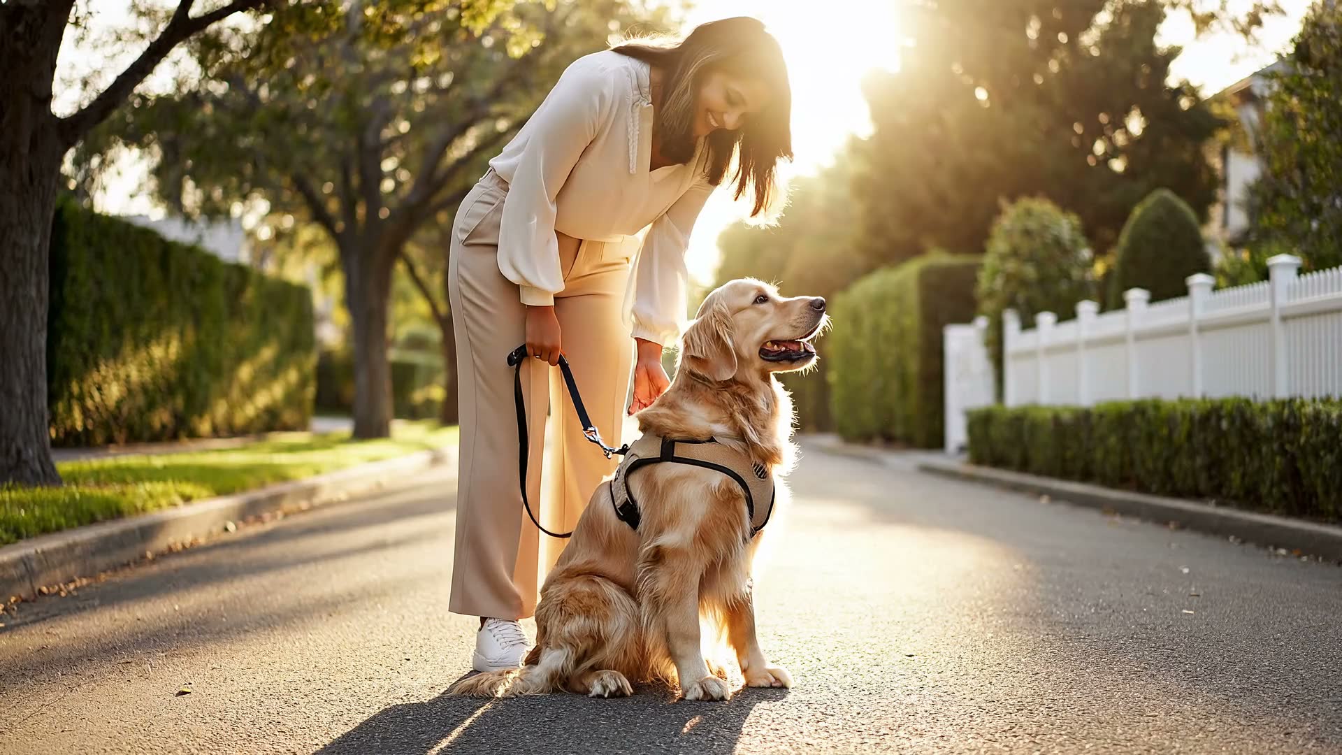 Dog walker with golden retriever on a leafy path