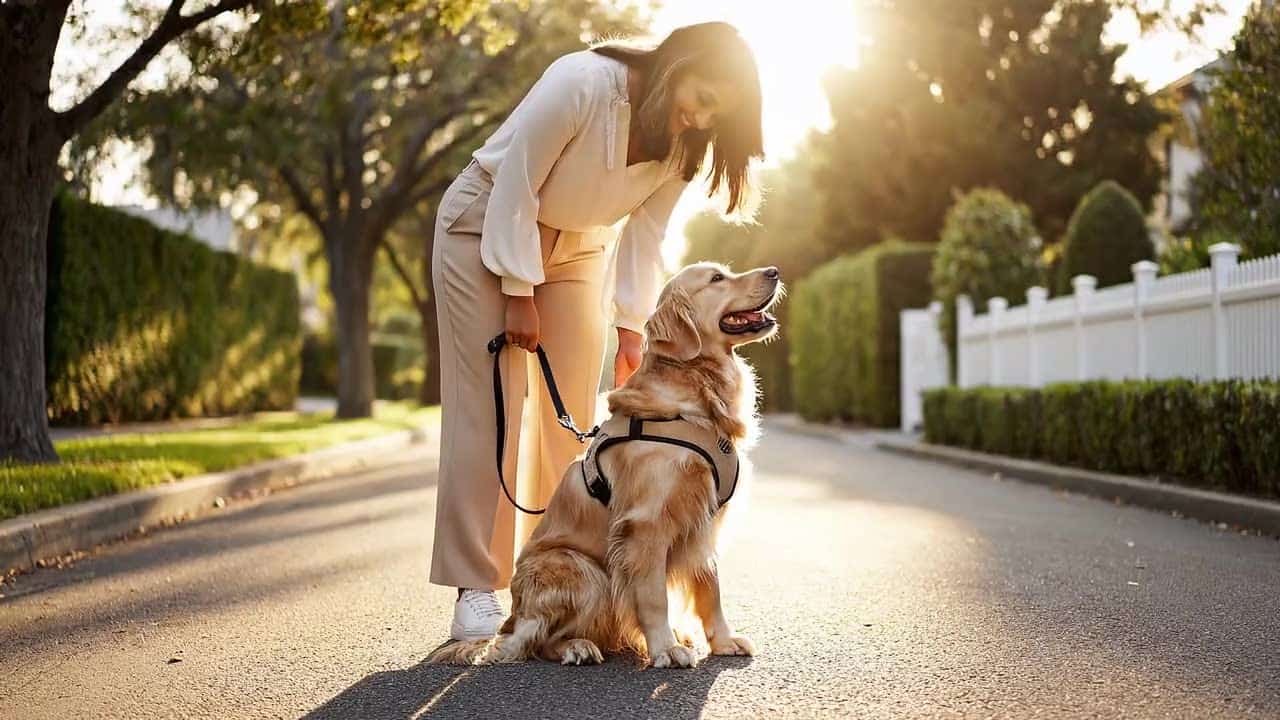 Dog companion with golden retriever on a leafy path