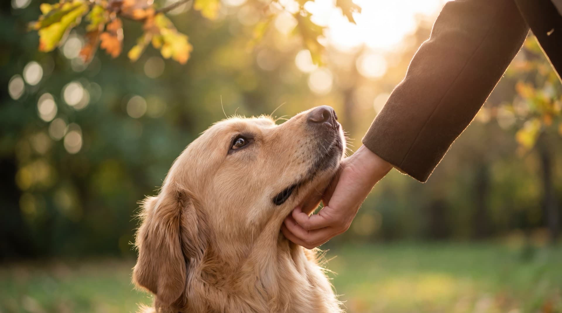 Golden retriever looking up with trust